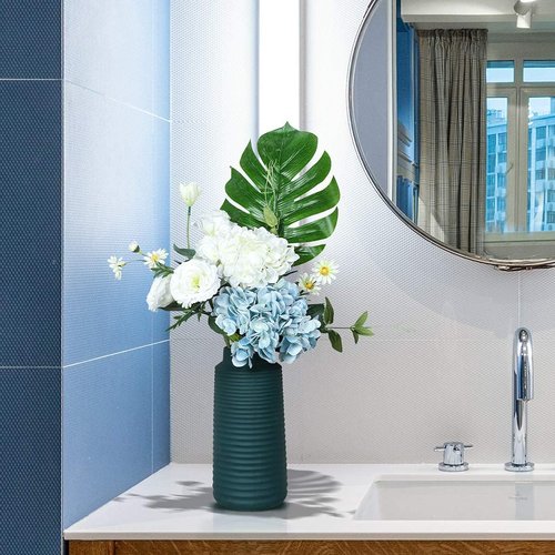 Kisflower Blue Hydrangea Flowers - 6pcs Faux Silk Hydrangeas for Home & Wedding Decor