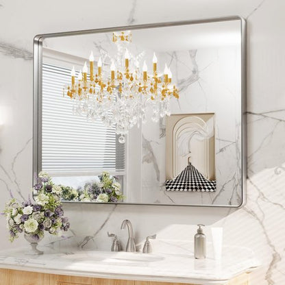 LOAAO 48X36 Inch Brushed Nickel Bathroom Mirror, Rounded Rectangle Silver Metal Frame Mirror, Brushed Nickel, Anti-Rust, Shatter Proof, Hangs Horizontally or Vertically