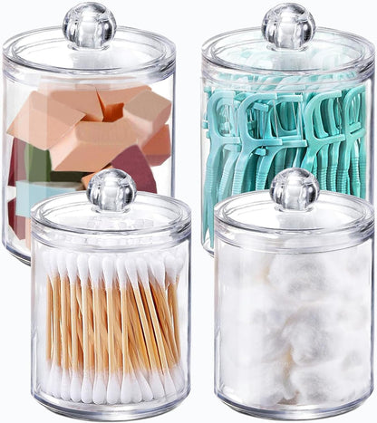 Qtip Holder Dispenser - 4 Pack Clear Plastic Apothecary Jar Set for Cotton Balls & Swabs | Bathroom Storage Organizer