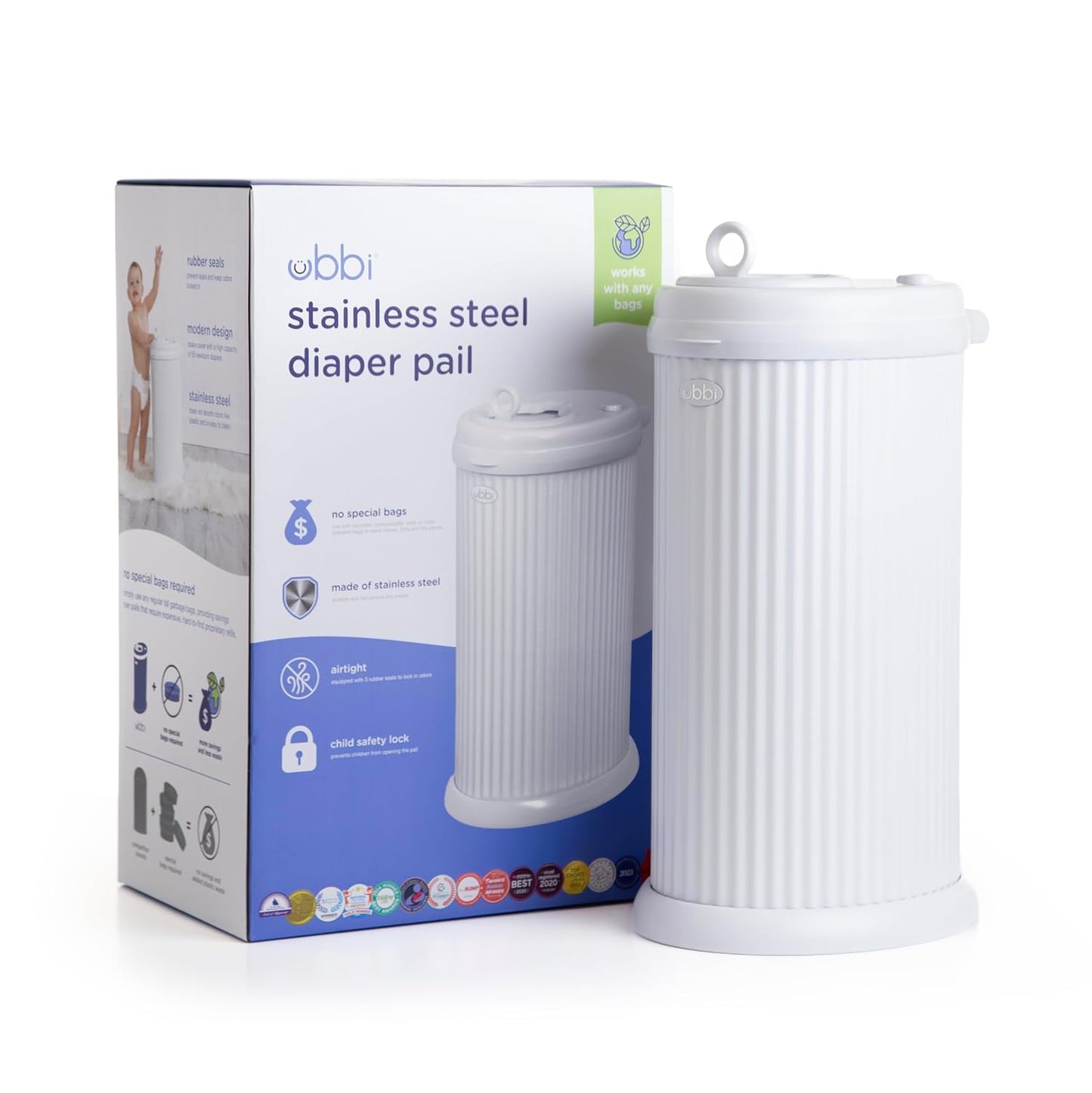 Ubbi Fluted Stainless Steel Diaper Pail - Odor Locking Design | No Special Bags Required, White