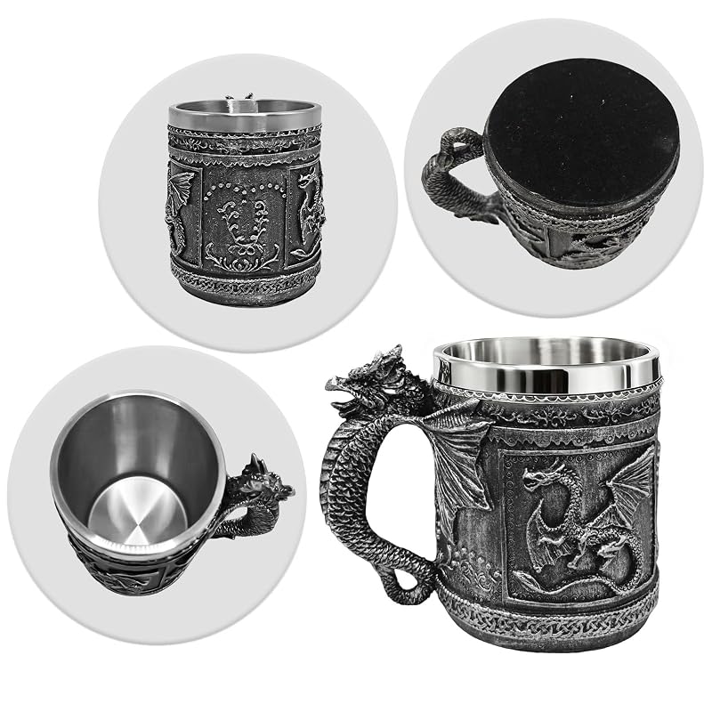 Silver Variation Medieval Roaring Dragon Beer Mug 16oz – Resin Exterior with Stainless Steel Lining