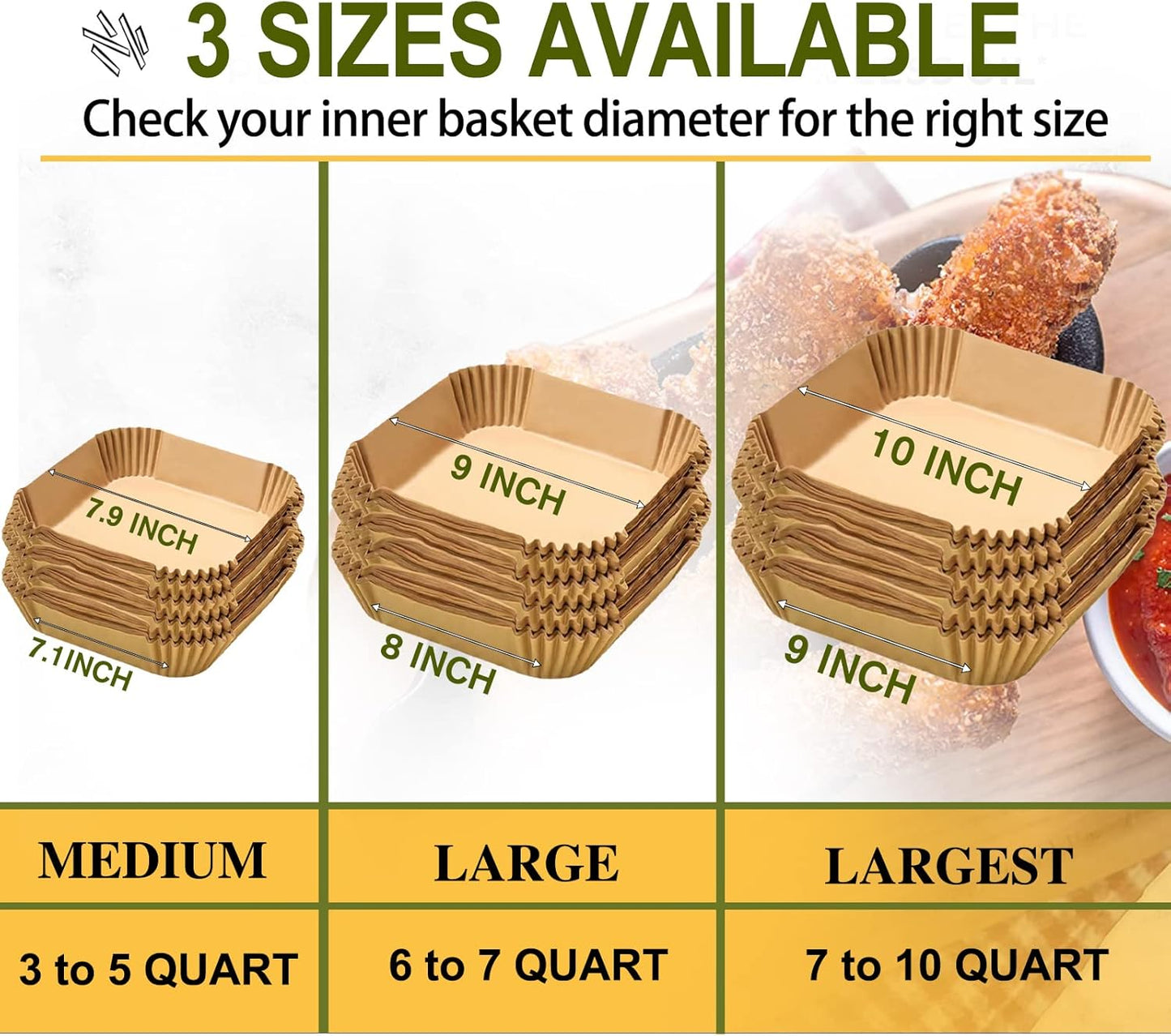 Skiennix 10-Inch Square Air Fryer Disposable Paper Liners - XXL 100-Pack, Non-Stick Food Grade Parchment for Frying & Roasting