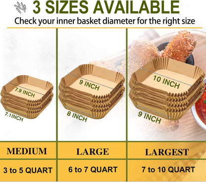 Skiennix 10-Inch Square Air Fryer Disposable Paper Liners - XXL 100-Pack, Non-Stick Food Grade Parchment for Frying & Roasting