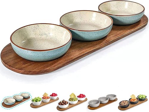 Artena 6oz Turquoise Ceramic Chips and Dip Platter - Acacia Wooden Tray & 4.5" Dipping Bowls