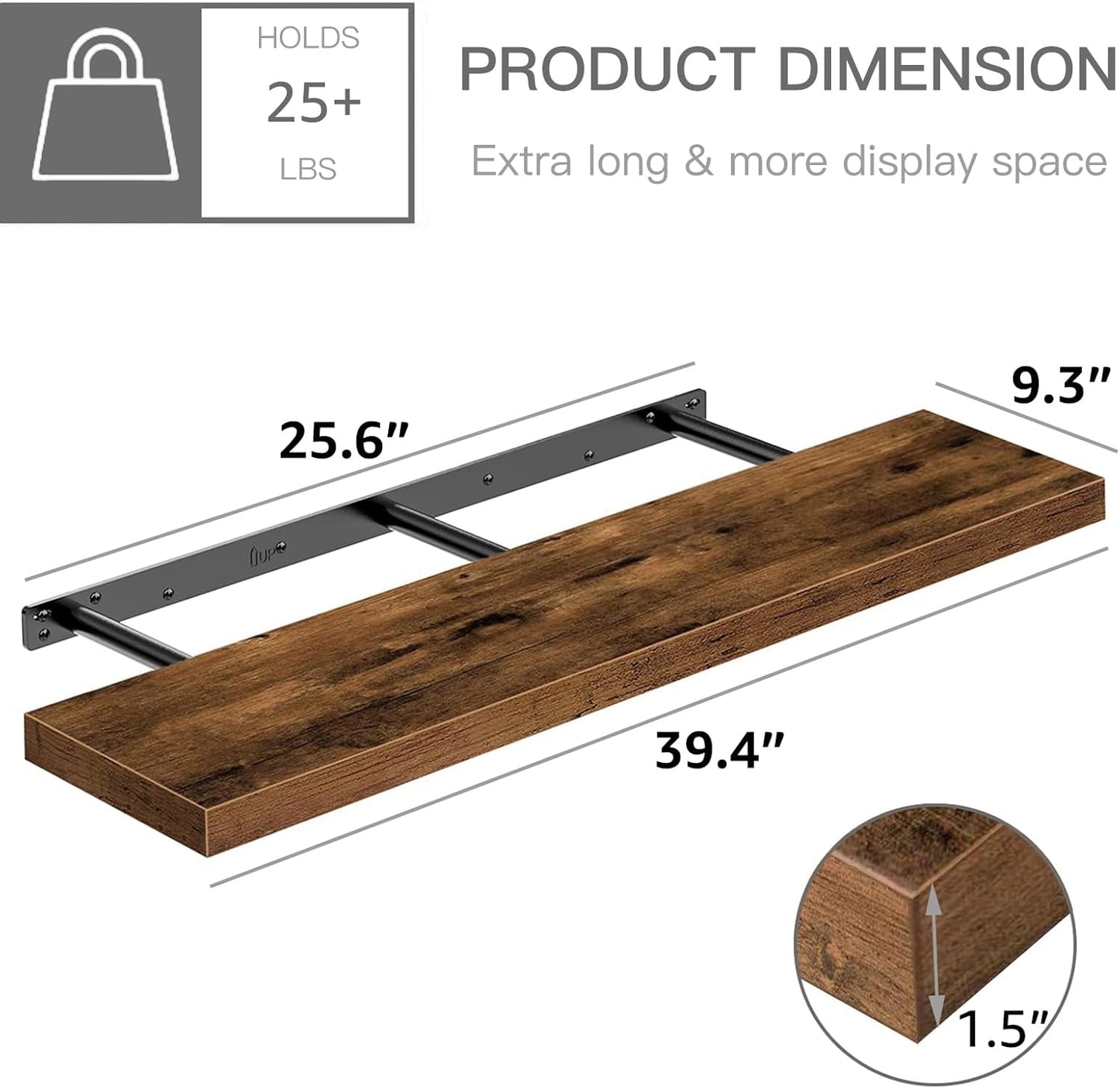 QEEIG Floating Shelves - Rustic Brown Wall Mounted Shelf Set of 2 | 39.4" Long for Home Decor & Display