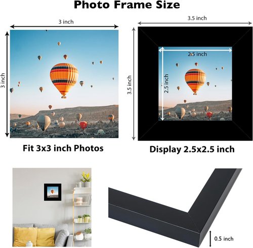 JCJMY 3x3 Picture Frame - Black Tabletop Display with Shatter-Resistant Plexiglass