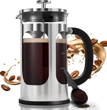 BAYKA French Press Coffee Maker - 34oz Cold Brew Iced Coffee Pot | Heat-Resistant Borosilicate Glass, Silver