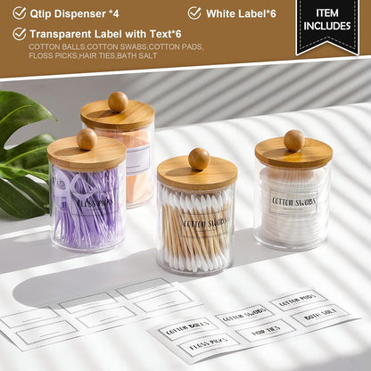 Qtip Holder Dispenser by [Brand Name] - 10 oz Clear Plastic Apothecary Jar with Bamboo Lids | Makeup Organizer for Bathroom Accessories