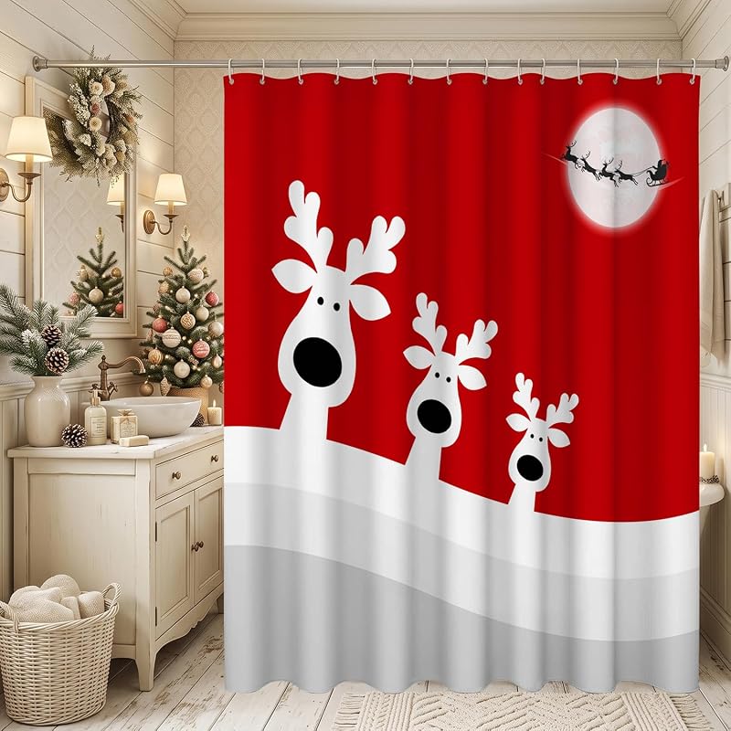 Christmas Reindeer Shower Curtain 72x72 - Waterproof Polyester, With Snowflake Variation