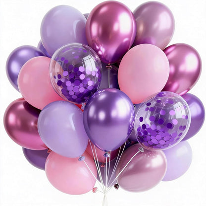 PartyWoo 12-Inch Pink & Purple Balloons - 66pcs Pastel Metallic & Confetti for Baby Shower & Birthday Decor
