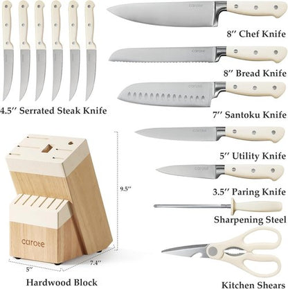 CAROTE 14-Piece Knife Set - Forged High Carbon Stainless Steel Blades | Dishwasher Safe Cutlery in Cream
