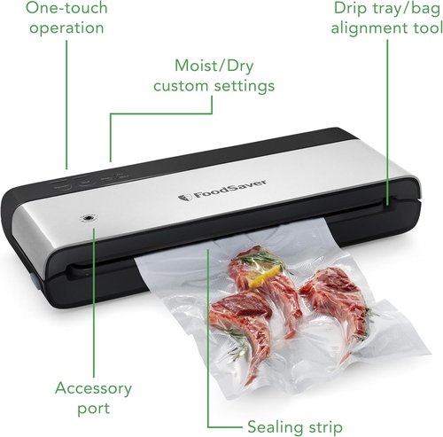 FoodSaver PowerVac Compact Vacuum Sealing Machine - Stainless Steel & Black | Preserves Freshness & Reduces Waste for Dry/Wet Food