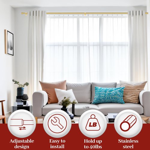 Kuianroll Heavy Duty Stainless Steel Curtain Rods, 1 Inch Diameter, 66 to 120 Inch, Gold, Wall Mounted, 40 lbs Weight Capacity