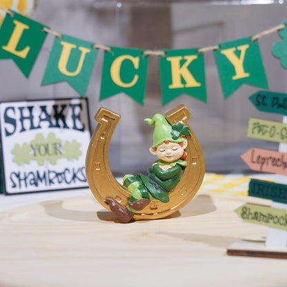 Braxio St. Patrick's Day Decorations | Resin Gnome Collectible Figurines - Green Gnome & Gold Horseshoe Centerpieces (3.75" x 1.5" x 3.75")