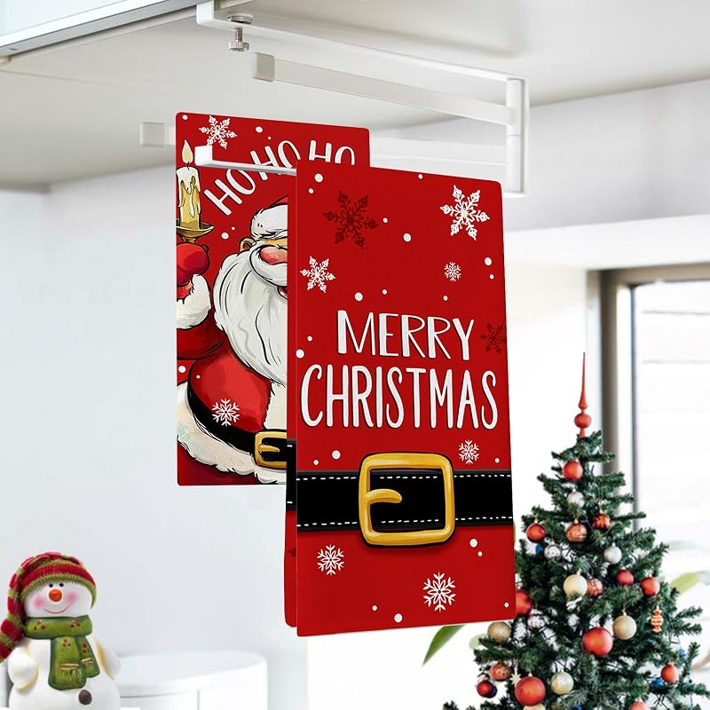 Santa Christmas Red Kitchen Towels Set of 2 - Durable Farmhouse Dish Cloths (Variation: Santa)