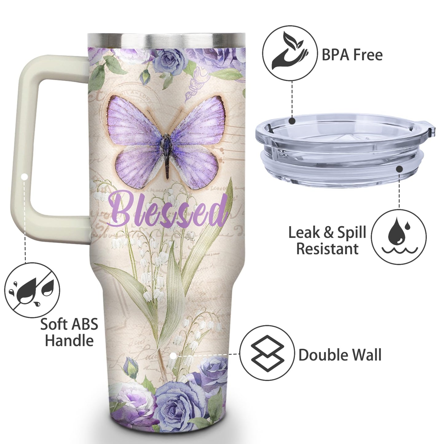 thmasamwr Butterfly Tumbler with Lid and Straw, Stainless Steel 40oz Tumbler with Handle, Butterfly Travel Coffee Mug Water Bottle, Butterfly Gifts Cups for Women and Girls