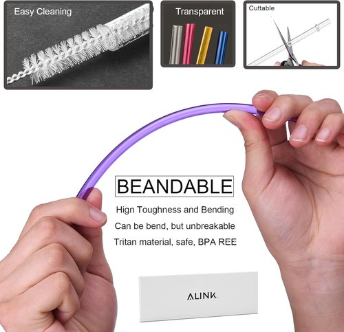 ALINK Reusable Plastic Straws - Extra Long Colorful Tritan Replacement Straws for Stanley Cups | Set of 10 with Brush