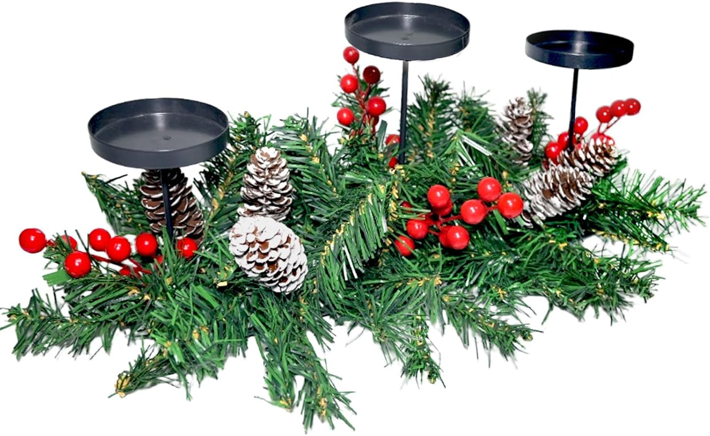 Regine Switzerland Christmas Table Centerpiece - 3 Candle Holders with Red Berries & Pine Cones | Holiday Home Decor