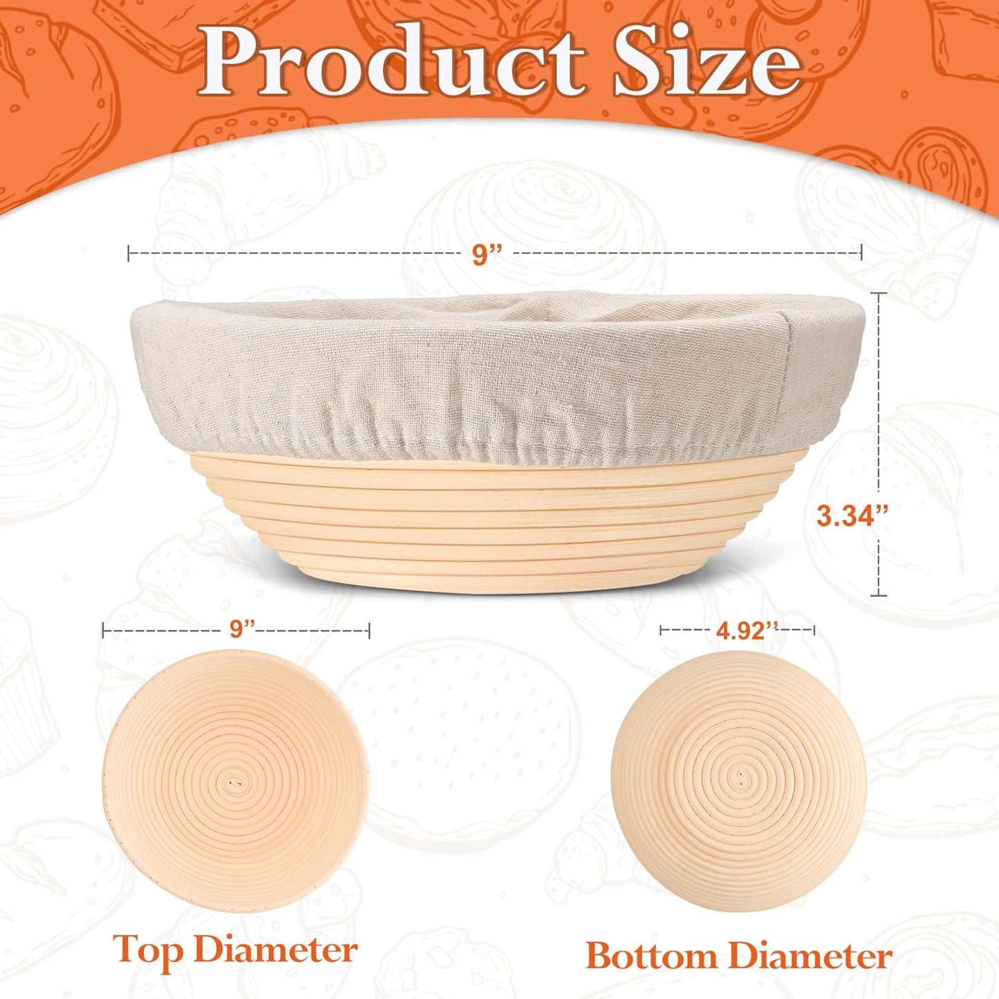 P&P CHEF Sourdough Proofing Baskets - Set of 2 Handmade Rattan Baskets with Cloth Liner | 9 Inch Size
