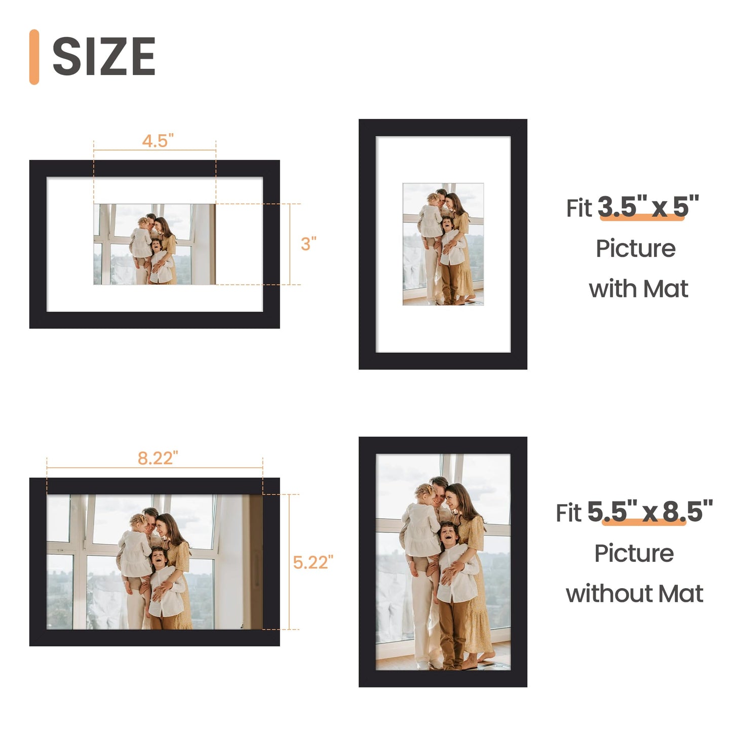 upsimples 5.5x8.5 Picture Frame, Display Pictures 3.5x5 with Mat or 5.5x8.5 Without, Wall Hanging Photo Frame, Black, 1 Pack