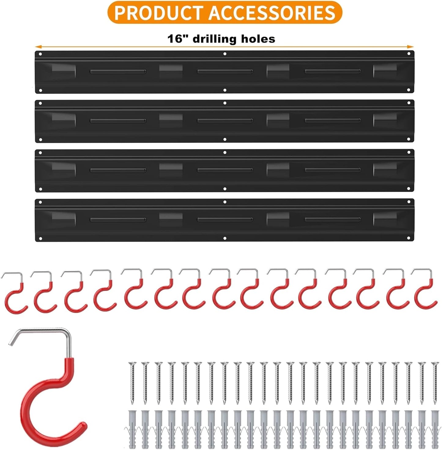 WALMANN 64-Inch All Metal Wall Mount Garden Tool Organizer - Durable Storage Rack with 4 Rails & 16 Hooks
