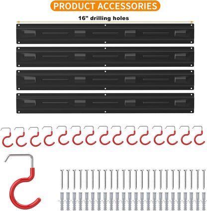 WALMANN 64-Inch All Metal Wall Mount Garden Tool Organizer - Durable Storage Rack with 4 Rails & 16 Hooks