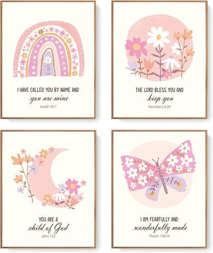 LARTSFRO Kids Bible Wall Art - Inspirational Pink Flower Prints for Nursery | Set of 4 Unframed 10x8 Inch Decor