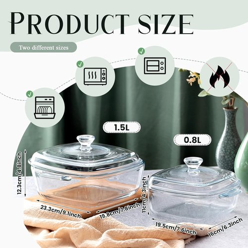 Maxcheck Glass Casserole Dish Set - 2 Pieces with Lids | Oven Safe 0.8L & 1.5L for Baking & Cooking