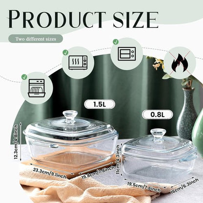 Maxcheck Glass Casserole Dish Set - 2 Pieces with Lids | Oven Safe 0.8L & 1.5L for Baking & Cooking