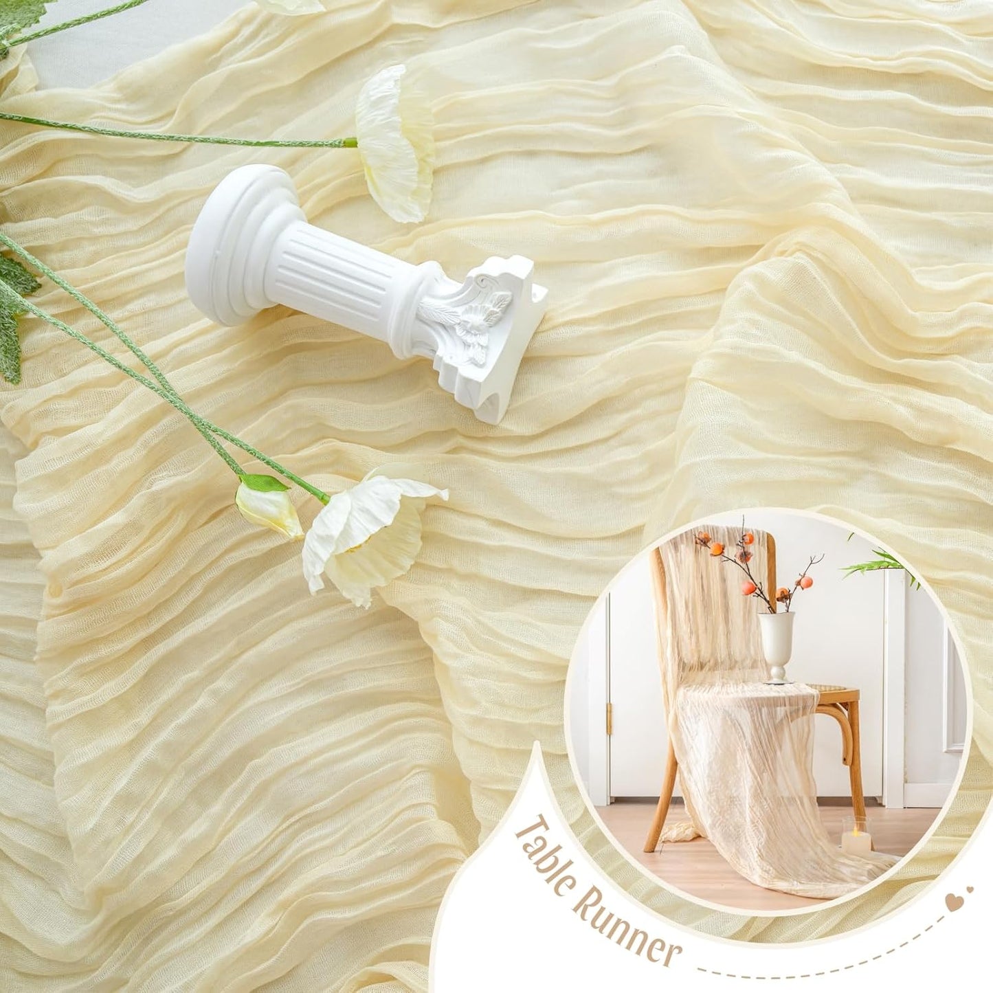 Sioloc Beige Cheesecloth Table Runner - Soft Boho Decor for Weddings & Events | 120'' x 35''
