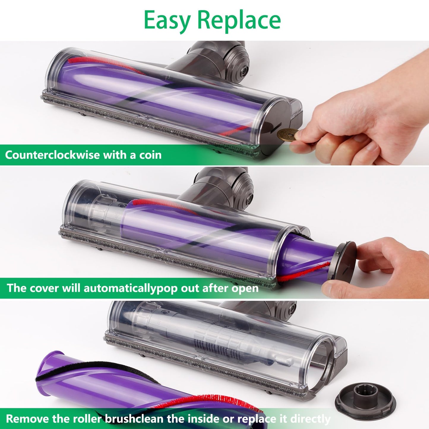 Quick-Release Moterhead Replacement Cleaner Head and Roller Brush Kit Compatible with Dyson V8,V10,V11,V15,SV10,SV12,SV14 Vacuum Cleaners,Vacuum Head Attachments Parts