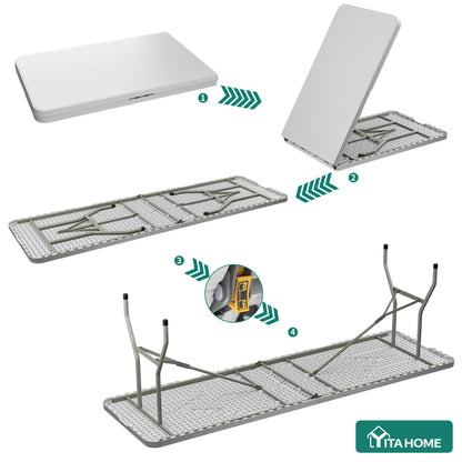YITAHOME 8FT Folding Tables, Heavy Duty Folding Table with Carrying Handle, Plastic Fold up Table for Outdoor Camping Picnic Parties/Indoor Events, White