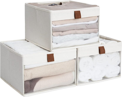 StorageWorks Closet Storage Bins - Foldable Fabric Organizers with Clear Window & Handles | Beige, 3 Pack