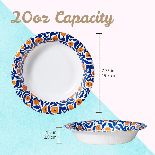 MATICAN Paper Bowls 20 oz, 150-Count Disposable Bowls, Heavy Duty Soak-Proof and Microwave-Safe Paper Bowls with Matisse-Style Floral Design, Great for Soup, Salad, Snacks, and Party Use
