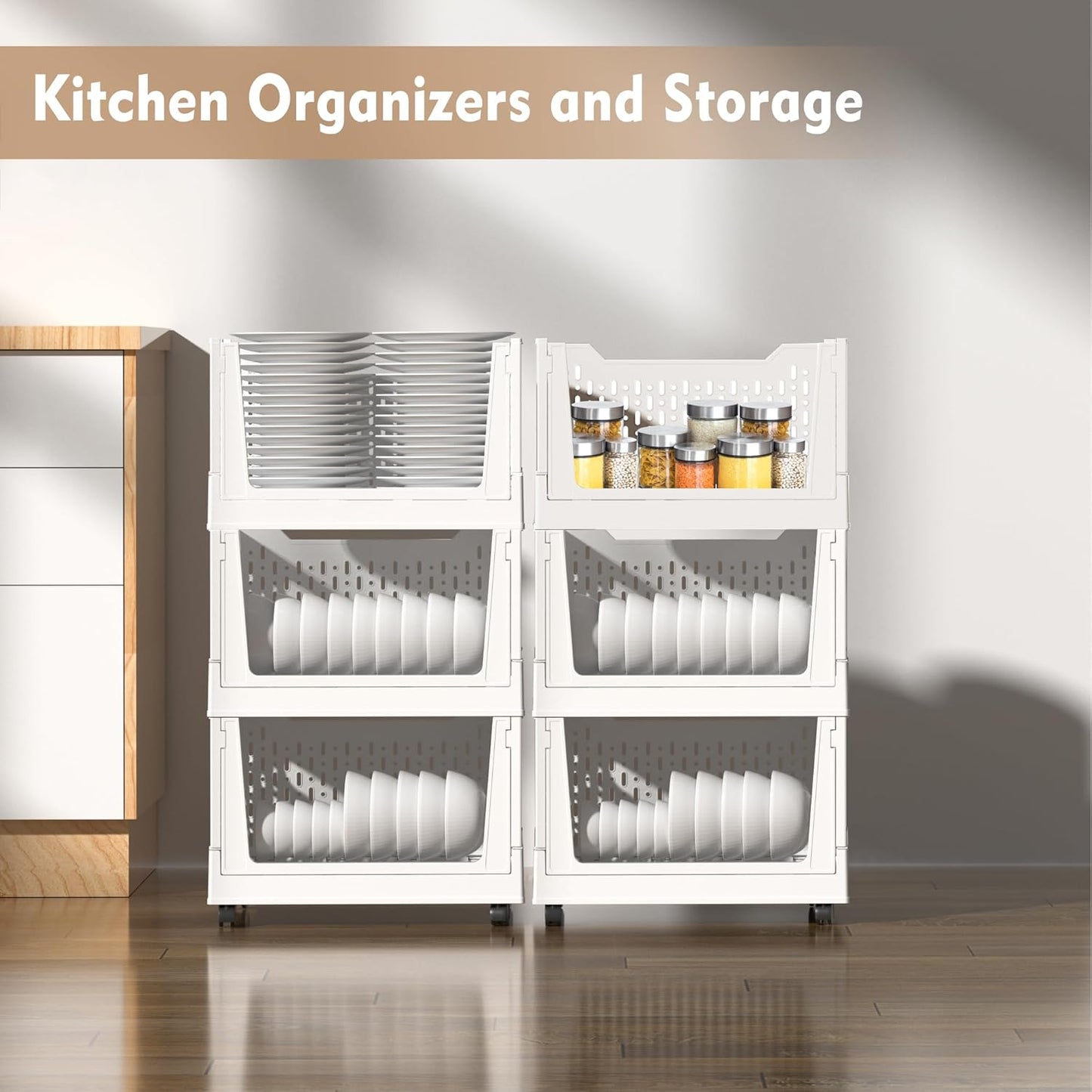 Stackable Storage Baskets by [Brand Name] - 3 Pack Foldable Organizers with Wheels | Versatile Closet & Office Storage