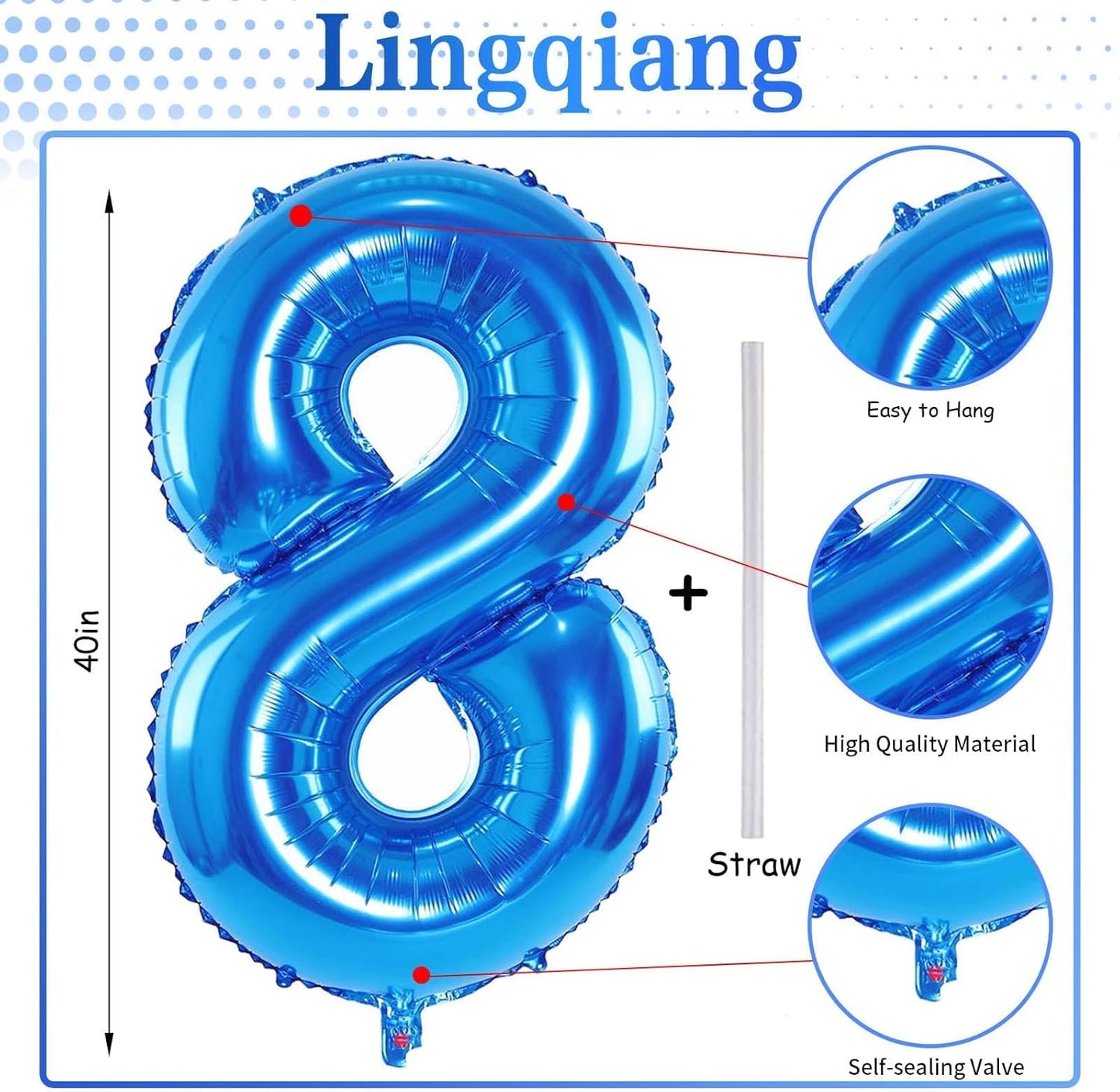 Blue Foil Balloon Number 8 - 40'' Giant Self-Inflating Helium Balloon for 8th Birthday & Graduation Celebrations