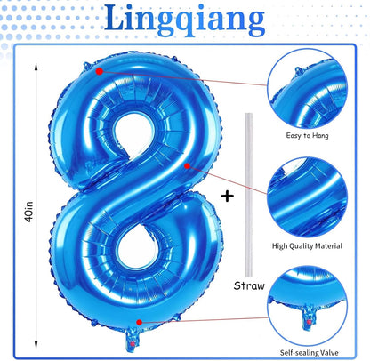 Blue Foil Balloon Number 8 - 40'' Giant Self-Inflating Helium Balloon for 8th Birthday & Graduation Celebrations