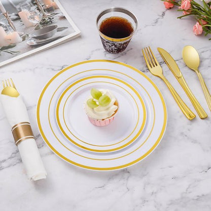Goodluck 350-Piece Gold Plastic Dinnerware Set - Elegant Disposable Plates for 50 Guests | Includes Plates, Napkins & Cups