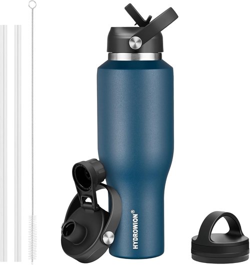 HYDROWION 40oz Insulated Water Bottle - Leakproof Design with Straw & Flex Cap | Fits Car Cup Holder, Black