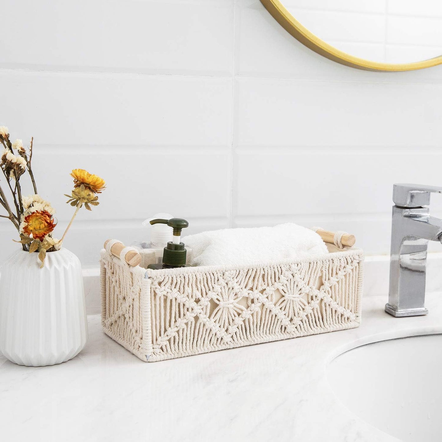 Mkono Macrame Storage Baskets - Handmade Woven Organizer for Home Décor | Set of 2, Ivory