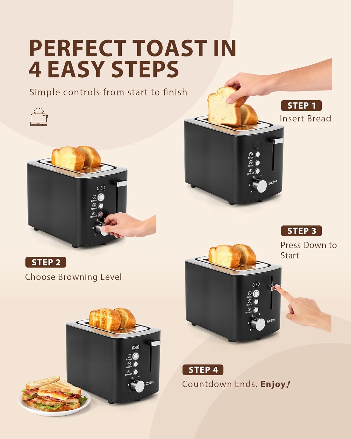 Skiennix 2-Slice Toaster - Wide Slots for Bread & Bagels, Stainless Steel with Digital Countdown, 6 Shade Settings, Compact Black Design
