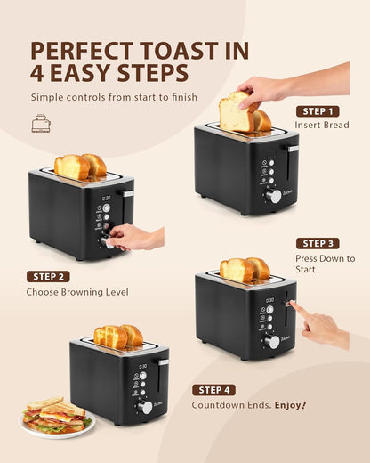 Skiennix 2-Slice Toaster - Wide Slots for Bread & Bagels, Stainless Steel with Digital Countdown, 6 Shade Settings, Compact Black Design