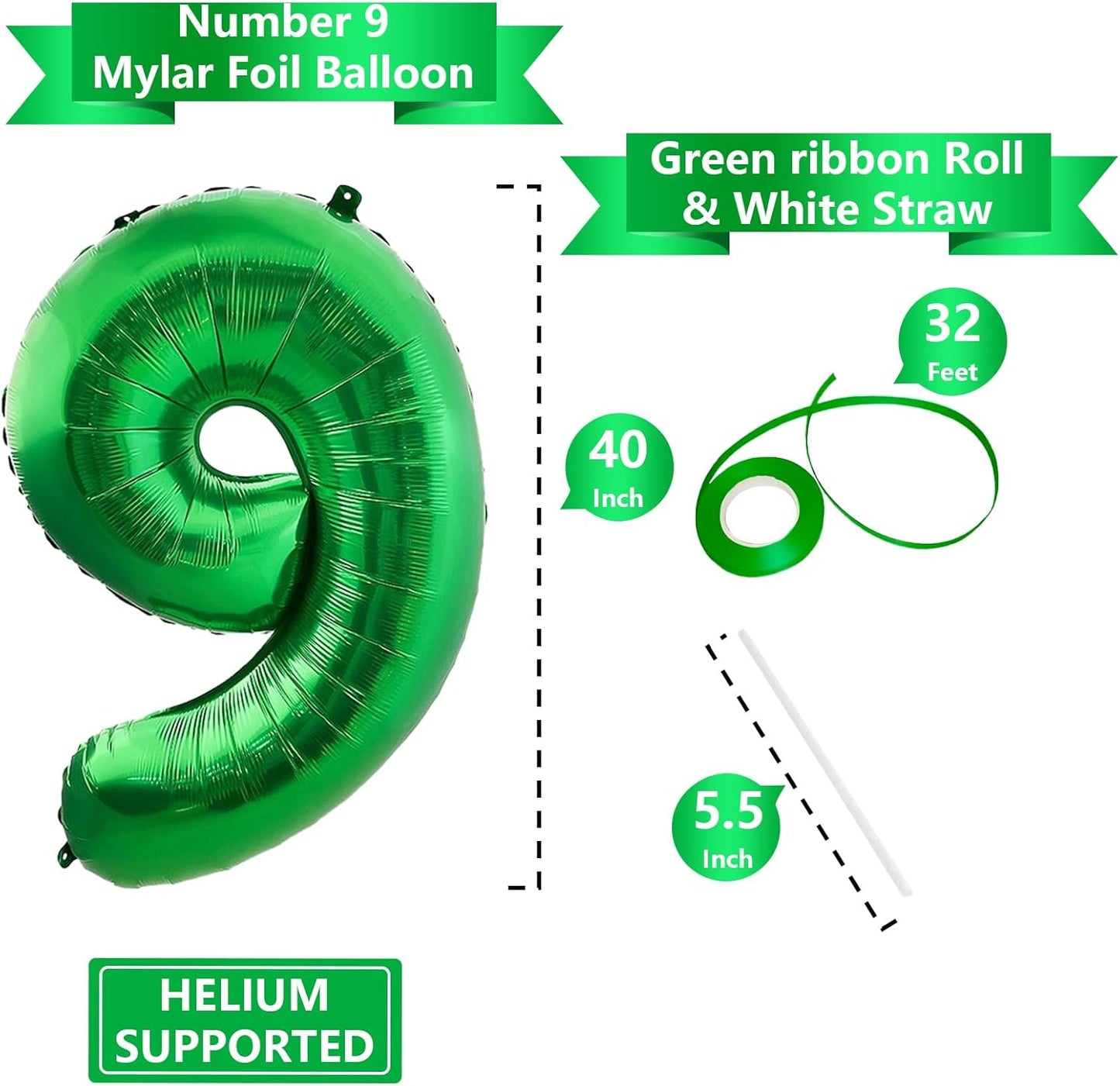 Number Balloons | Giant Green Number 9 Balloon - 40 Inch for St. Patrick's Day Birthday Decorations