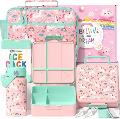 Fimibuke Kids Bento Lunch Box Set - 4 Compartments, Insulated Bag, Water Bottle & Utensils | Perfect Birthday Gift for Ages 3-12