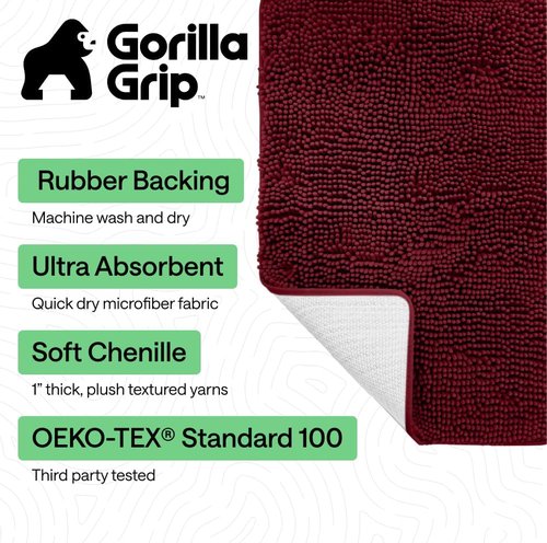 GORILLA GRIP Bath Rug Mat - Soft Absorbent Chenille | Quick-Dry Microfiber, 48x24, Burgundy