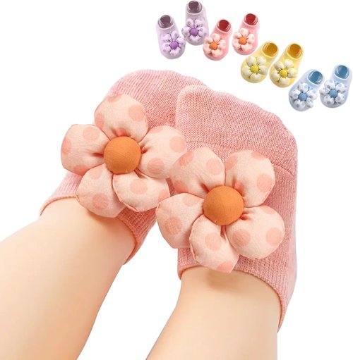 KEAINVRN Baby Girls' Socks - Flower Non-Slip Grip Ankle Socks for Toddlers | 4-Pack Set