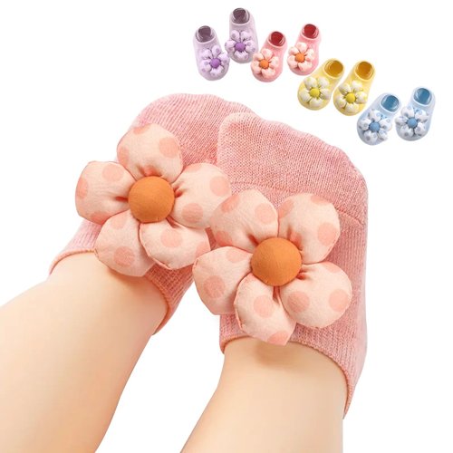 KEAINVRN 4Packs Baby Girls Socks,Flower Non-Slip Grips for Babies Toddler Princess Low Cut Ankle Socks for Girls (US, Age, 0 Months, 6 Months, purple yellow pink light bule)