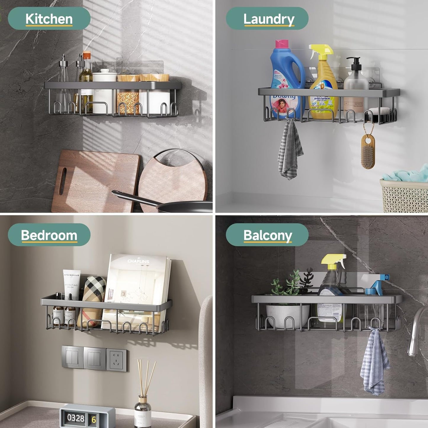 Veken Shower Caddy - 6-Pack Rustproof & Waterproof Adhesive Shelves | Large Capacity Bathroom Organizers - Light Grey