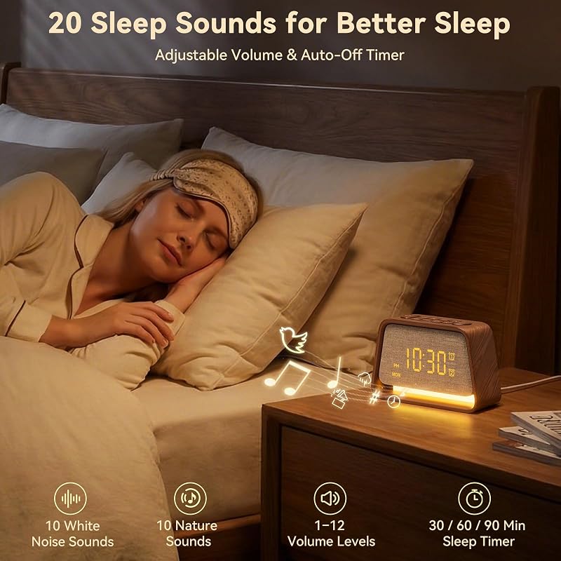 Alarm Clock with White Noise Machine & Night Light – Dark Wood Grain, Dual Alarm