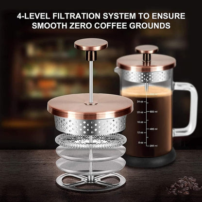 Skiennix French Press Coffee Maker - 34 Ounce Stainless Steel & Borosilicate Glass | 4 Filter System